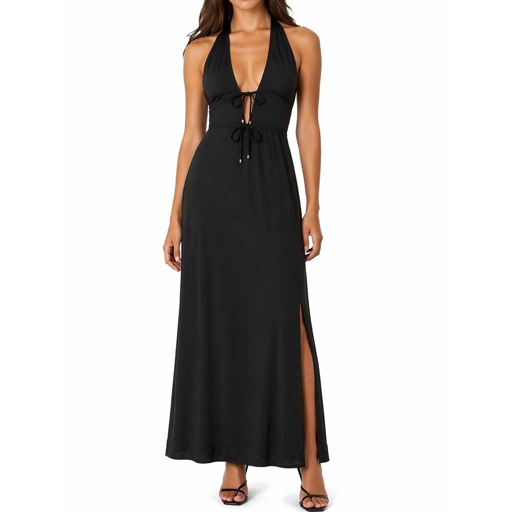 Vintage Y2K BCBGMAXAZRIA Front Tie Cut Out Halter Maxi Dress Backless Slit Black
